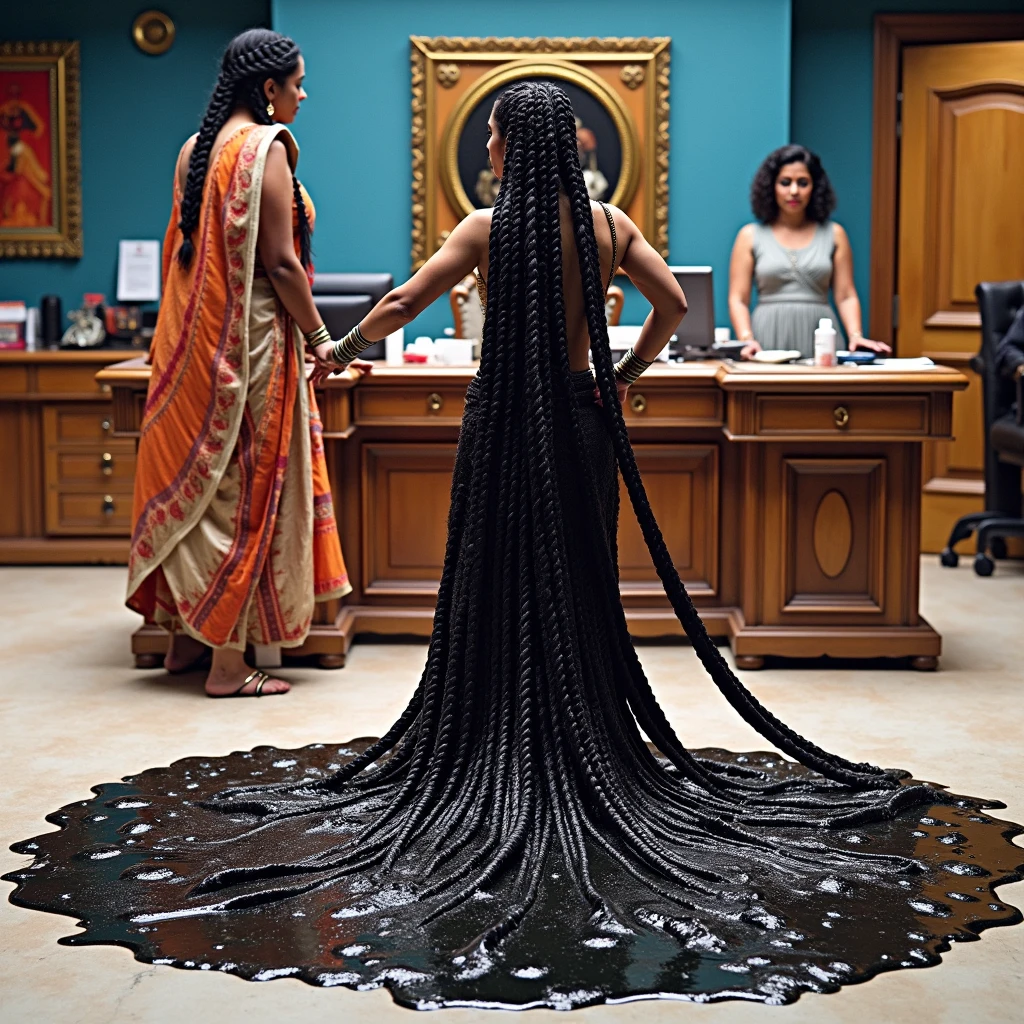In india office,total 3 india eldery ladies involving and licking their hairs of each others wildly,First 60 years old eldery indian lady kneeled with her oil smeared conrowed braided hair wears saree with out blouse,Second 60 years old lady from behind to kneeled lady with her oil smeared conrow braided hair wildy raping kneeled lady' head scalp with her tongue wearing wrap saree revealing her upper saggy breast exposed, Third 60 years old eldery with her cean scalp super conrow braided hair raping kneeled lady' scalp exposing one single breast revealing ,these three ladies are with dress in as per detsiled prompt here,all four of them,with their hairs respectively colors for the marure ladies and eldery lady hairs in as per image prompt,their long,meticulaiursly suler conrowed braided hairs shining ,red lipsstick,natural tongues pulled out,licking the eldery lady' hair by  other eldery with conrowed hairs like she is being raped excat in image,These all three ladies' faces are with showing full of sexual wildness showing out from their faces exact as in image prompt,Their eyes are fullfill with sexual wildness with raping scalp as per the imahe prompt,(Show me their tongues,long tongues:1.0) styled with 100000 liters hair oil,hairs like viscus oiled pulp,slick combed hair lines highly visible,{{{{Ladies wears perfect dresses in perfectt busty}}}},{{{{{NSFW}}}}},{{{{{{Hairs highly soaked}}}}}},{{{Hairs Drenched in water}}}}},{{{slick combed hair lines}}}},{{{{Hairlines reflecting shinning like mirrors with water}},{{{{{Showcase full bodies perfect figures}}}}},{{{{{High resolution perfecr color grading}}}}}},{{{Perfect conrowed on all three ladies exactly in image prompt}}}}}}},((((((Generate ethnicity as indian sexy build ladies))))))),((((((Generate wildness poses where shows the wildness maturity of the sexually wildness and extremly extremly wildness in to hair licking by their tongues exatly as image prompt if someone sees this should get errected)))),