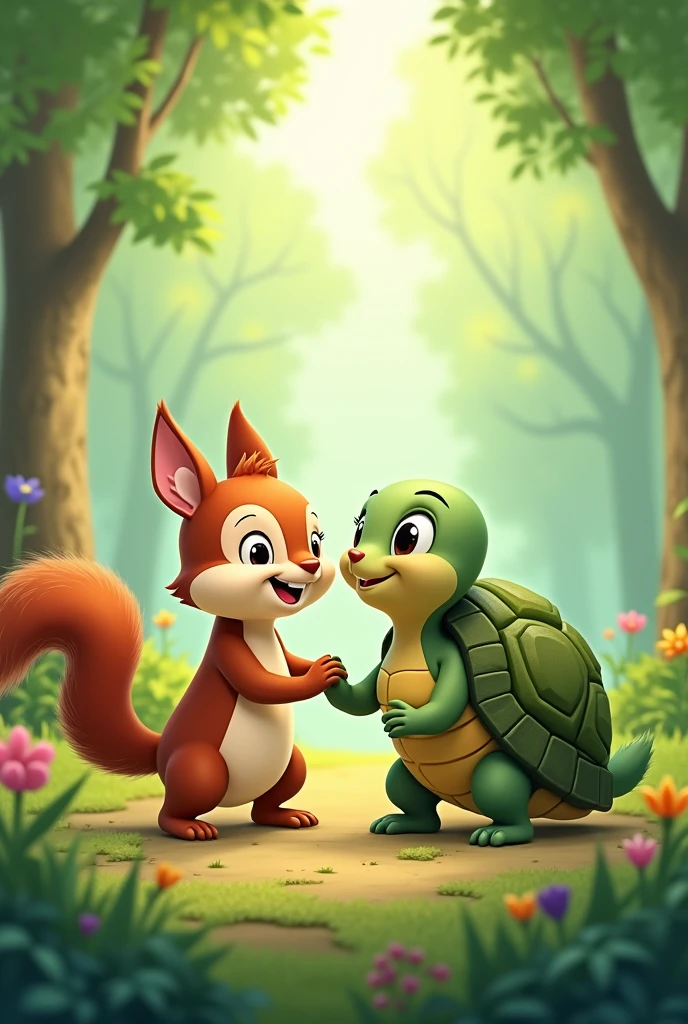 Squirrel and turtle helping each other as an animated friendship symbol ...