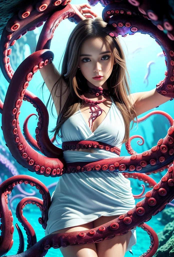 ((masterpiece)), ((best quality)), (ultra-detailed),(in the cave),(monster),(((many tentacles wrap arotnd the body))),a cute girl, 1girl, solo, (white girly dress),((many tentacles bound arms)), ((thin waist)),large breast, slim, slender,beautiful brown hair, beautiful blue eyes, (beautiful eyes), long hair,troubled expressio