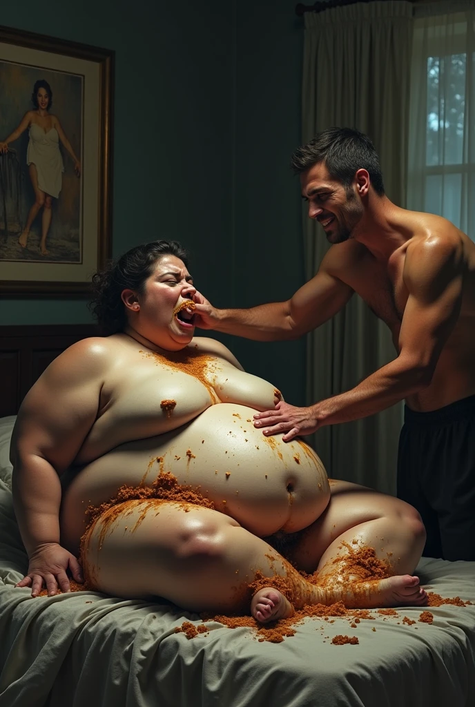 A realistic scene depicting a powerful and confident female athlete with a body sculpted like a Greek goddess, featuring chiseled abs and an unyielding stance. Her face is filled with joy and satisfaction, clearly relishing the dominance she holds over her boyfriend. She has a confident, almost playful smile as she forcefully pushes a dripping cheeseburger toward his mouth. In front of her, the severely overweight boyfriend is tied to a chair, his expression a mix of fear, sadness, and helplessness. His eyes are filled with tears, and his mouth trembles as he struggles against his restraints, fully aware of the futility of his resistance. Surrounding him are piles of fast food wrappers and empty containers, emphasizing his torment. His flabby body, covered in crumbs and grease, hangs heavily, with a large, soft belly extending down to his knees. The lighting in the room highlights the stark contrast between her muscular, toned physique and his large, flabby form, symbolizing the extreme differences in their lifestyles and the intense power dynamics of their relationship."