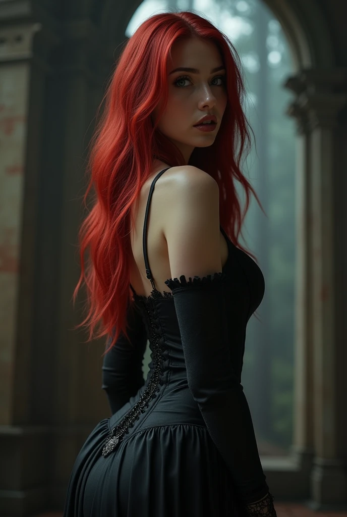 1 girl, redhead with captivating blue eyes, immersed in an epic fantasy world, portrayed as a enchanting gothic witch, aged 28, dressed in a figure-hugging spandex outfit, paired with a revealing tank top, messy yet mesmerizing crimson hair cascading down her back, adorned with a intricately designed crown, amber eyes shimmering with a naughty yet shy charm, intricate and detailed makeup revealing her surrealistic expression, a masterpiece brought to life through the realms of anime and digital art, showcasing anatomically correct proportions, textured skin pores, and high-quality