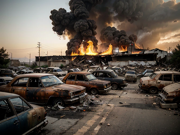(melhor qualidade,ultra-detalhado,Realistic:1.37),O asteroide que atinge a Terra,devastation,widespread destruction,smoke and fire,onda de choque ondulante, massive bombardment, Crumbling buildings,queda de detritos,Chaos and panic,atmosfera surreal,twilight lighting,Epic disaster,pessoas fugindo aterrorizadas,apocalyptic scenery,caos generalizado,paisagem urbana arruinada,nuvens escuras se aproximando,Explosion and flames,Massive impact crater,Soil agitation,rochas fundidas,Detritos voadores,emocionalmente carregado,Desperate survival,Ominous sky,ruas abandonadas,destroyed vehicles,Overwhelming sense of destruction,post apocalyptic landscape,cenas comoventes,Devastating consequences,Dilapidated city,terrenos baldios desolados,Overcast sky,desespero e perda,infraestrutura danificada,Breathtaking destruction,Unimaginable catastrophe,sombrio e sombrio,Scorching fire,futuro incerto.