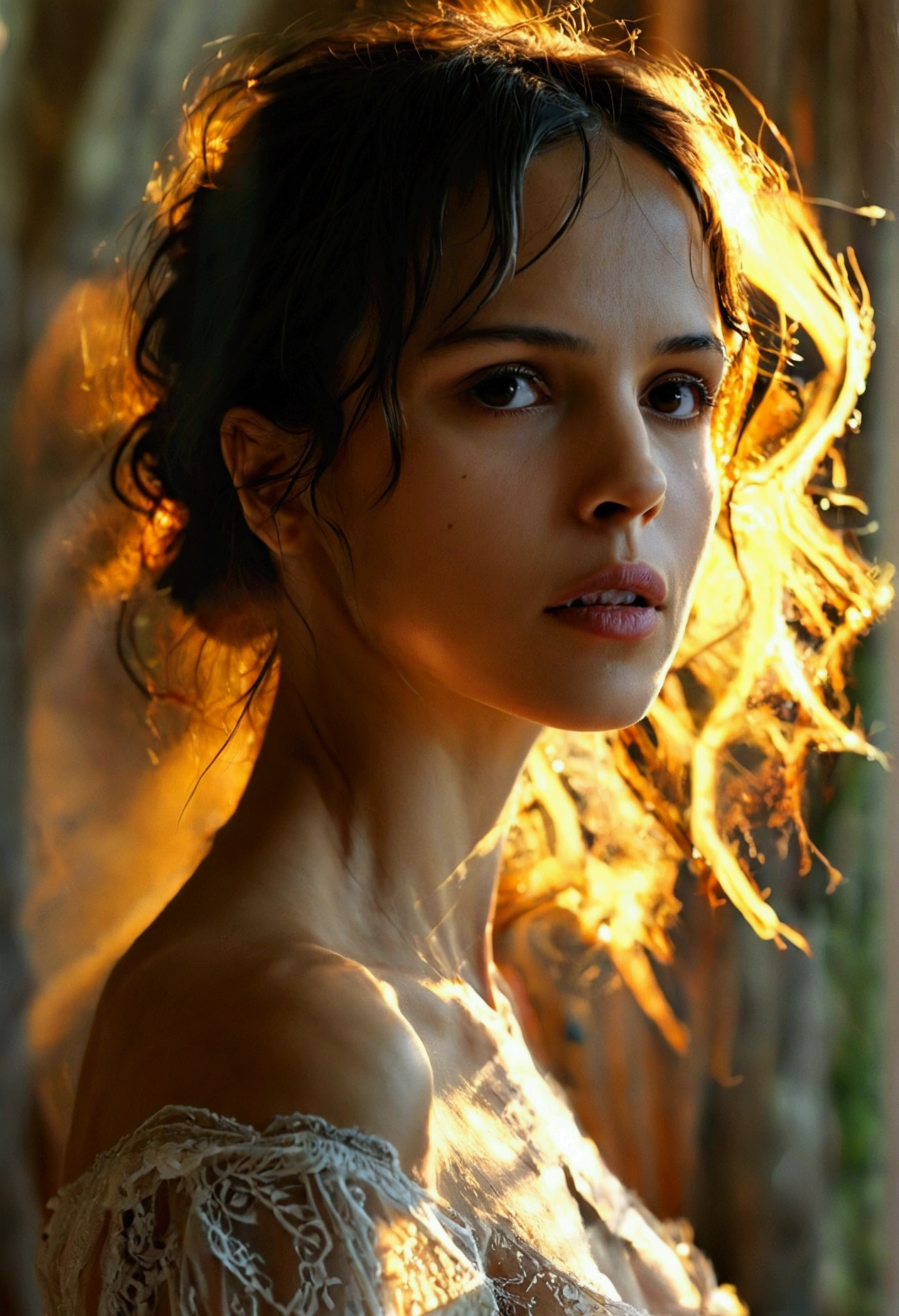 gorgeous young shy woman, african, french, dusty highway, flowers in wind, fog, haze, sweaty, dripping, hot girl, humid, wet hair, victorian lingerie, see through sexy nightgown, showing clevage, rose petals, beautiful face, sunlit, covered in flowers and petals, godrays, cozy, wet skin, morning dew, backlighting, hazy, golden hour, morning light, erotic mood, alone, countryside, shy, masterpiece, best quality, ultra-detailed, solo, smoke, shadows, contrast, close-up, cinematic light, side lighting, ultra high resolution, best shadow, RAW, 4k, sexy, cleavage