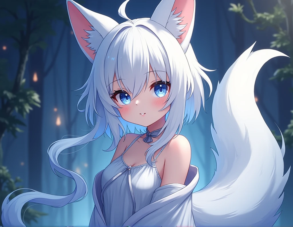 ((masterpiece)), ((best quality)), HD, outside, rain, Zen Garden  , Night,   fire lit , Fox girl, (( fuchsohr, foxtail, )) smile,   dance to watch the fire ,   with one look ,  very very very long blue silver hair,   bluegrey eyes ,  collar with cross , ((Naked))  