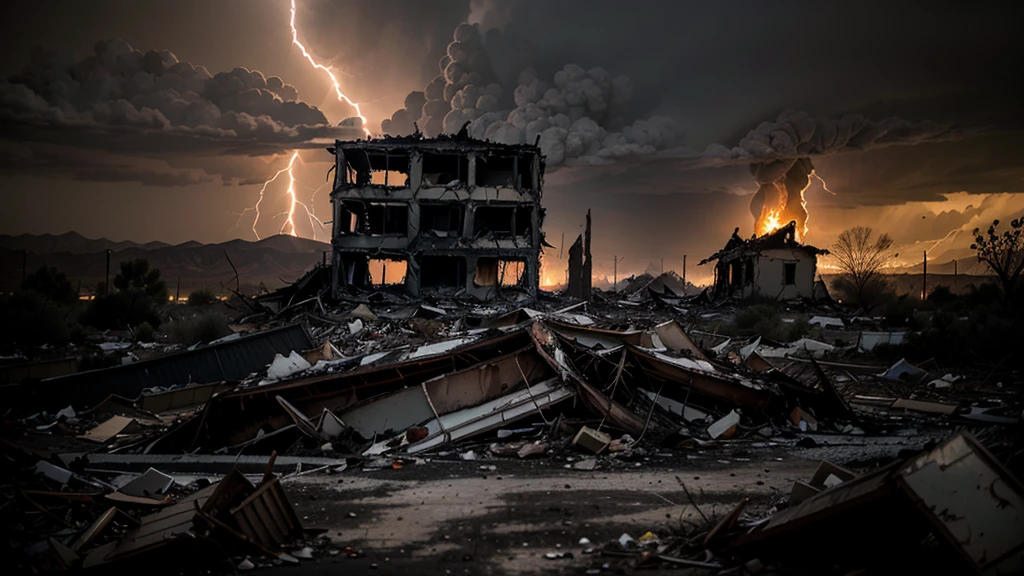 Castle in ruins, catching fire, rubble, scene of destruction, Dusk, Upper-Atmospheric Lightning, Rain, inside the castle