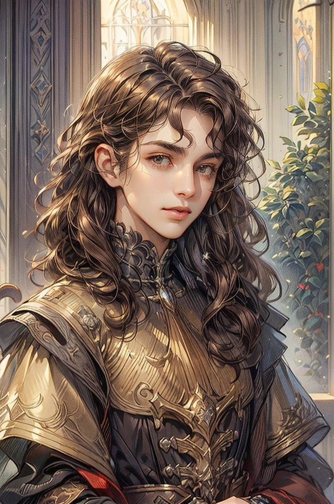 ((Best quality)), ((masterpiece)), (detailed), ((perfect face)), ((halfbody)) "Captivate the View: A Handsome Prince Reflecting on Life's Transitions from His Comfortable Window Perch of the cathedral", (((dark brown curly hair))), realism 1.5, Estilo animado, 2.5D