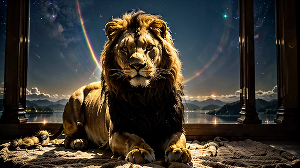 "A majestic lion of imposing appearance, with a dense golden mane that appears to glow with a mystical light. Its eyes emanate a deep, serene light, as if it is connected to a greater spiritual force. Around it, a glowing aura of spiritual energy it flows, with mystical symbols gently floating in the air, surrounding the lion. The background is an ethereal space, with soft, hazy colors that seem to represent different dimensions. The lion is sitting in a calm but powerful posture, symbolizing wisdom and connection. deep spiritual light. Beams of golden light pierce the sky above him, reinforcing his role as spiritual guardian."
