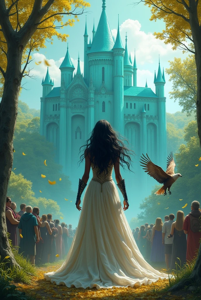 Caramel-skinned princess with long black hair and vibrant blue eyes. your hands are wearing a pair of iron gloves that cover your fingers. She is wearing a white wedding dress that is ripped and shows her back with a vertical tear.. She is looking at a turquoise palace and is scared. There are many people looking at her with disgust. There are birds in the sky and a green forest behind the palace.
Golden leaves fall from the blue sky. There are black and gold veins popping out from her bare back. From the palace window a red-haired king watches her. Realistic illustration like fairy tales.