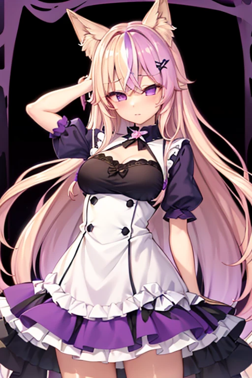 Waifu milf, blonde hair with violet eyes, high resolution, with a dress negro ,fox ears, with a x hair clip, with neon purple locks of hair and a flower blancas crown, con cola de zorro (kendomurft) Senos grandes, 