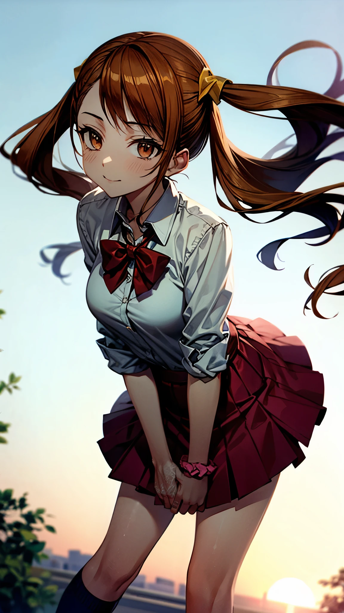 （（super high quality,））（（Ultra-high resolution,））（16k,）（super masterpiece,）（（Ultra HD ,））（Detailed shading,）One high school girl,Twin tails,White dress shirt,Red bow tie,Folded sleeves,A pink scrunchie on one arm,Place your hands together in front of you,Red Skirt,Navy blue socks,happy,Leaning forward greatly,Park in the morning sun,The wind lifts her hair and skirt,