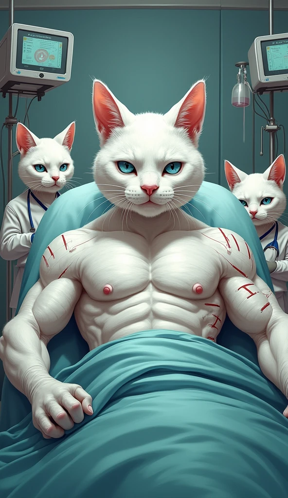 A huge rat with big muscles and six pack abs is dead and lying down on the stretcher and is carried by the doctors who are cats