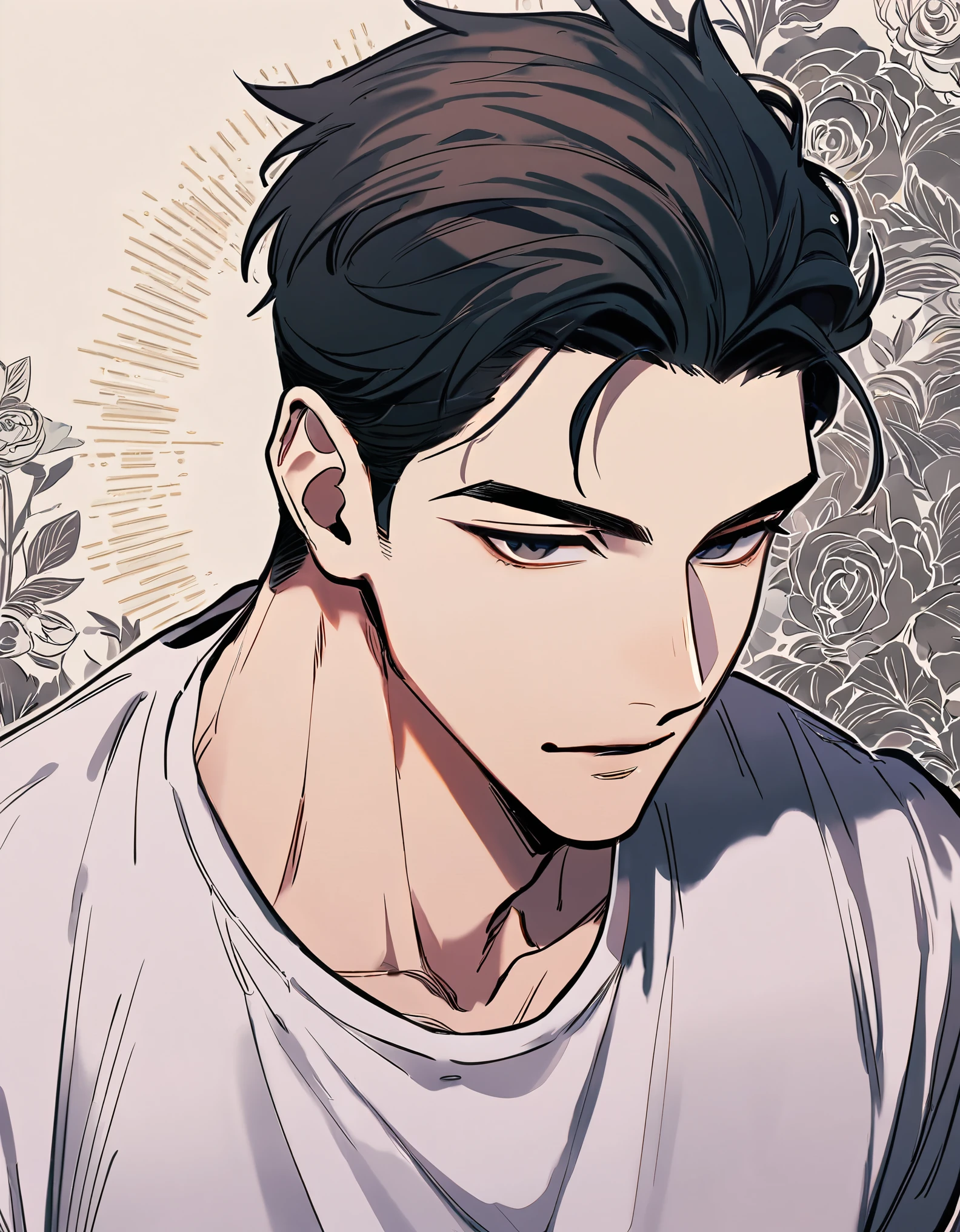 (1male), Best Quality 4K Artwork, a tall guy, stark, Bad Boy Vibe, Short and Stylish dark Hair, dark grey eyes, Wear Black, Young and Extremely Beautiful, ((solo)), (adult male), (manhwa), (handsome), mafia, white shirt, (muscle), thin eyes, hot guy, ((hair slicked back))