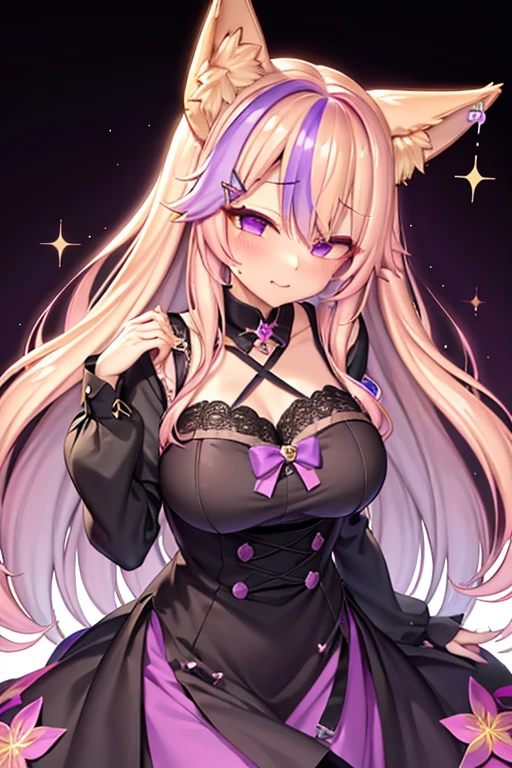 Waifu milf, blonde hair with violet eyes, high resolution ,fox ears, with a x hair clip, with neon purple locks of hair and a flower blancas crown, con cola de zorro (kendomurft) Senos grandes, 