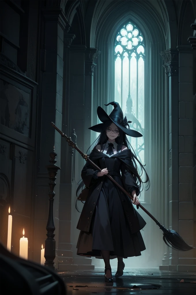 beautiful girl、cute、baby face、smile、Glasses、Long skirt、Black pumps、Magic Broom、witch、beautiful girl、(Best Quality,4K,High resolution,Masterpiece 1.2),Very detailed,Real 1.37,Spooky altar background,Dark fantasy,Black color scheme,Ominous atmosphere,Eye-catching,Storytelling,anatomy,Anime Style,Concept Art,Inappropriate behavior,Scythe Face,beautiful, Delicate facial features, pale Skin, Dark Background、Dark Background, Cinema Lighting, Dramatic Shadows, Gothic, Gloomy atmosphere, Dark fantasy, One person&#39;S, Red cheeks, ,(Blood splatter 1.3),Scary smile, smile,TwiSted smile、Bloody,(Blood splatter 1.3),skull,Horror Style, ((Fantasy Sweet Ta Frill Black Costume)), ((Flowing Black Hair)), Female Curves, Sexy flat stomach, Perfect hands, Perfect anime character face, (Black Dress)), Standing, ((Evil smile)), ,(Dark fantasy1.3), Steam circulation, Moonlight Illumination, night lighting, (Blood splatter 1.3),Anime Angel Design, Gothicarchitecture、architecture、Western architecture、Fantasy World、,Victorian city, Skeleton Gas Light,Absurd, High resolution、 ((Tabletop)), ((Best Quality)), (Very detailedな), ((Very detailed)), (beautiful), ((cute)), One personで,(1.6)、beautiful face、Full Body Ezbian、pale, beautiful肌、Big Breasts、beautiful black hair、Long Hair、Smiling Kindly、Dark building ruins、(snow white&#39;Frill dress 1.3)、(The dark ruins are Bloody 1.3)、Low angle full body shot、(Glasses 1.2)、(Creepy 1.3)、(The girl lost a lot of blood............1.3)、(crazy smile1.6)、(Blood dripping from the mouth 1.3)、（Glasses 1.5）、Wearing Glasses、Droopy eyes、Glasses、Gothic Dress、bangs, Long Hair, Black Hair、Dark fantasy background