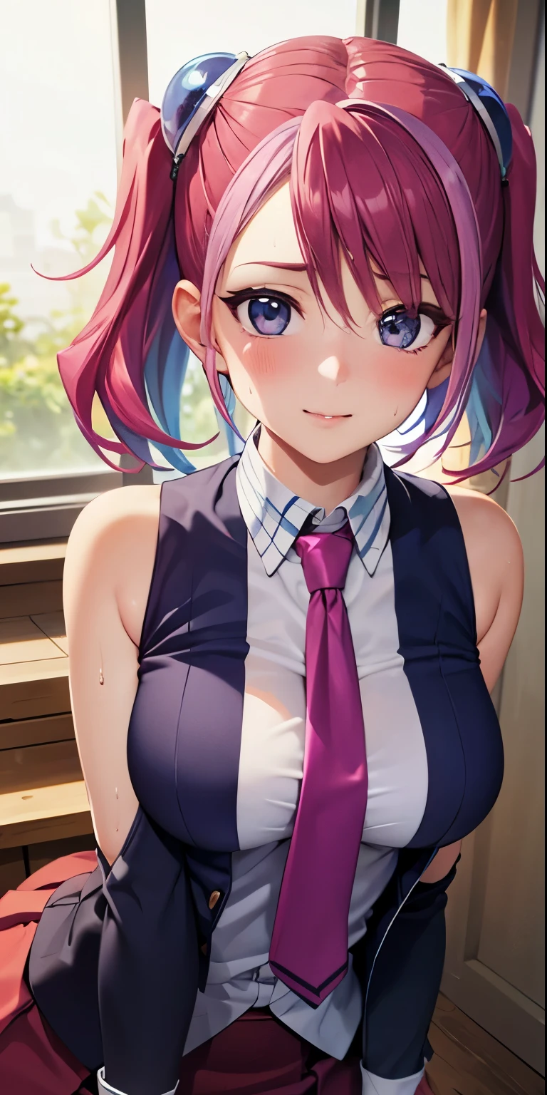 1 Female,High definition,high resolution,Ultra-realistic,8K, hy1, hair ornament, multicolored hair, necktie, skirt, sleeveless, , pink skirt, tight skirt,miniskirt, jewelry,European,sexy,Upper body close-up,Photographed from the front,Dynamic Angles,blush, medium , happy, wink the eye,facial, sweat,multicolored hair 