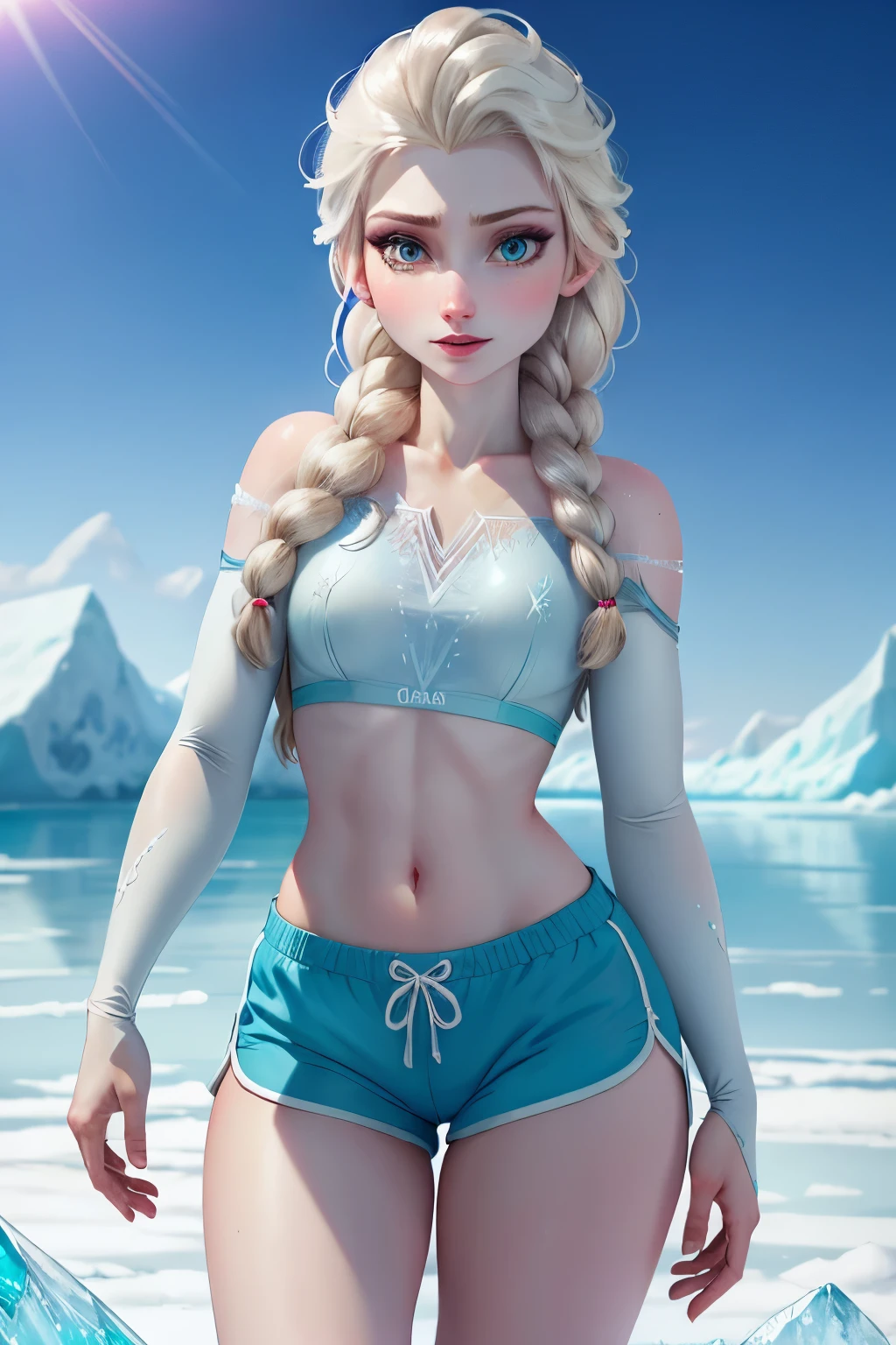 Elsa the frozen, Dolphin shorts, Perfect Body, in a place with ice, high resolution, Super Detail, 8k, vision