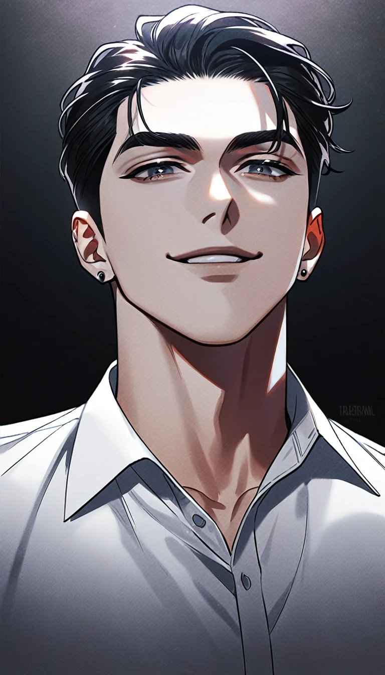 ((perfect face structure)), (1male), Best Quality 4K Artwork, a tall guy, stark, Bad Boy Vibe, Short and Stylish dark Hair, dark grey eyes, Wear Black, Young and Extremely Beautiful, ((solo)), (adult male), (manhwa), (handsome), mafia, white shirt, (muscle), thin eyes, hot guy, ((hair slicked back)), ((smirk smile)), dark background, perfect eyes, (piercing eyes)