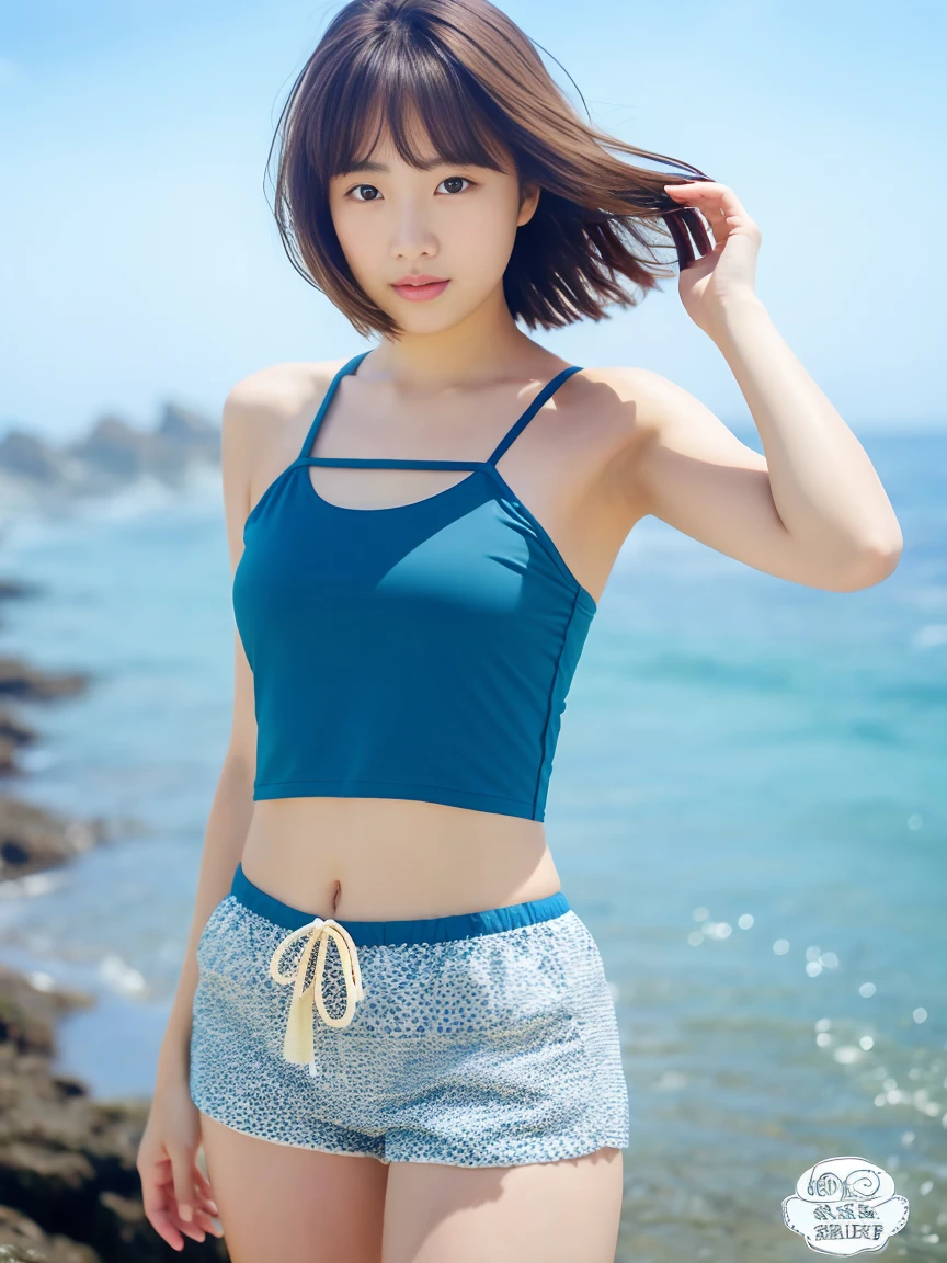 Short brown hair girl, beutiful, beach, sexy top , half  shorts, realestic, ultra detailed skin, 8k resolution, sony camera,