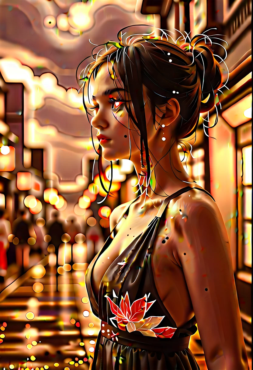 1 Japanese girl, Warframe, Complex Pattern, heavy metal, Energy Line, Faceless, Glowing Eyes, elegant, intense, Blood red and black uniform, Alone, 【Contemporary, city, Streets etc., Dark Clouds, thunderstorm, heavy rain,, Dramatic lighting,, (masterpiece:1.2), Best Quality, High resolution,   Beautiful details, Very detailed, Perfect lighting,