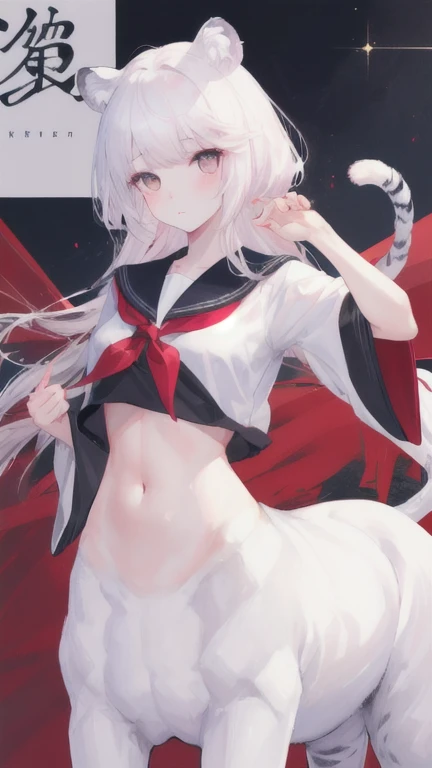 (best quality, masterpiece), 1 girl, centaur, It takes, White skin, belly button t-shirt, 아름다운 소녀 perfect white tiger photo, perfect white tiger photo
