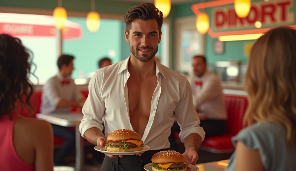 retro painting, pinup male pose in the background, 50s diner with neon lighting, cinematic composition, award winning art, oil on canvas, smirk, blonde hair, blue eyes, bowtie, collar, pants, (goatee), leaning on the counter, shirtless, close-up, doughnuts, drinking milkshakes, (covered in cum:1.2), (excessive cum), cum on body, cum on penis, cum on food, realistic, best quality, detailed background, depth of field, intricate details, (muscular), (large pectorals), (puffy nipples), (large penis), male pubic hair