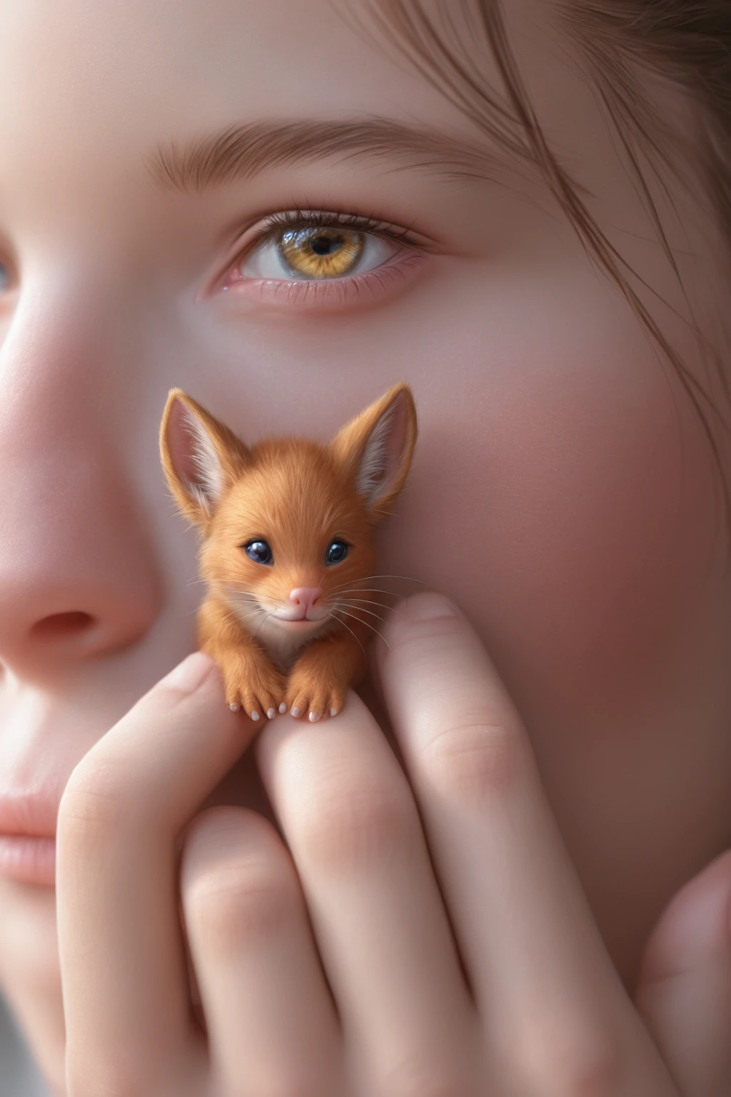 A highly detailed, creative close-up shot with a shallow depth of field, featuring a finger-size tiny　elephant , precisely six centimeters in length, with fluffy orange fur, white-tipped ears, and piercing yellow eyes, nestled comfortably in the gentle curve of a human's fingers, with soft, smooth skin and neatly trimmed nails, set against a blurred, creamy background that subtly gradates from warm beige to rich brown, evoking a sense of intimacy and wonder, with the fox's tiny nose and whiskers beautifully defined, and the human's fingers cradling the tiny creature with a sense of gentle reverence, as if suspending time itself.