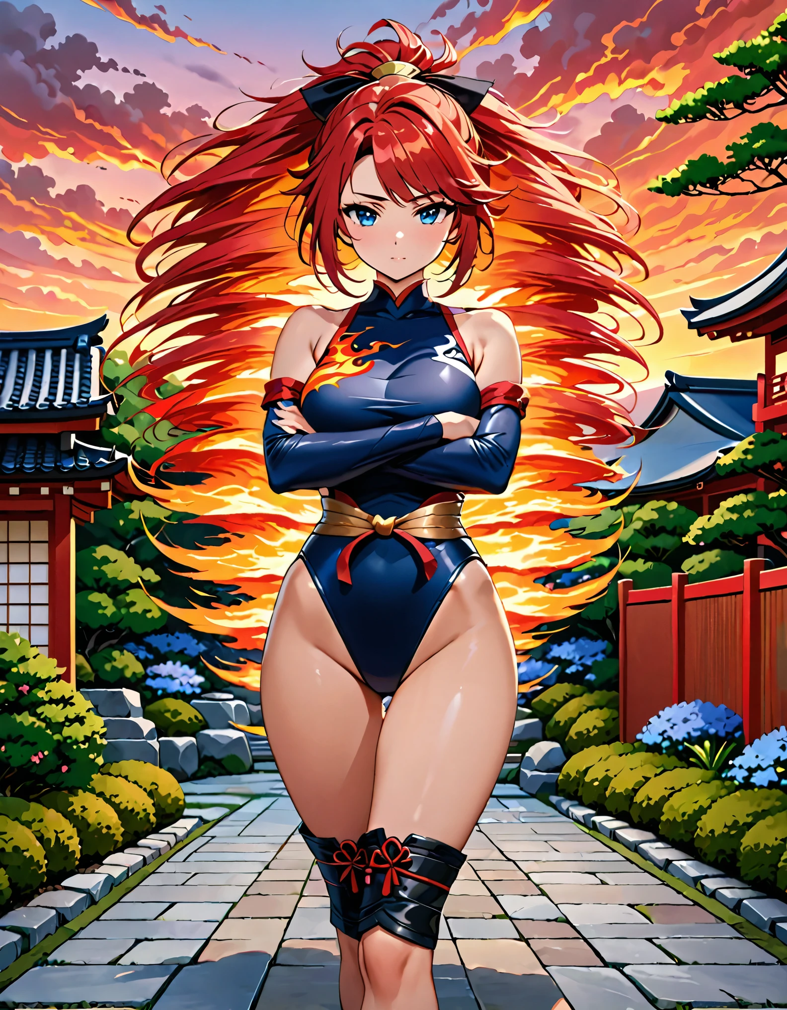 (masterpiece), (best quality), (high res), highly detailed, professional, 8k, 1woman, solo, solo focus, adult, cute and attractive woman, kunoichi, leotard, bare legs, ankle boots, red hair, dark blue eyes, Japanese Garden backdrop, sunset, cowboy shot, full body with costume. crossed arms, spins fast in place like a tornado, flame tornado, spiral lines around her, speed lines around her.