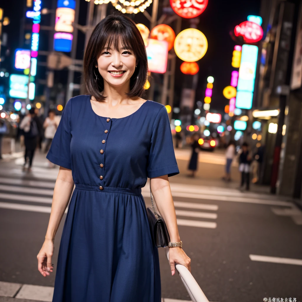 (Top quality, 8k, 32k, masterpiece), professional lighting, Japanese mature woman with heavy makeup, large chest,casual dress, 1 person, beautiful aunt, 45years old,smile,at the night street snap