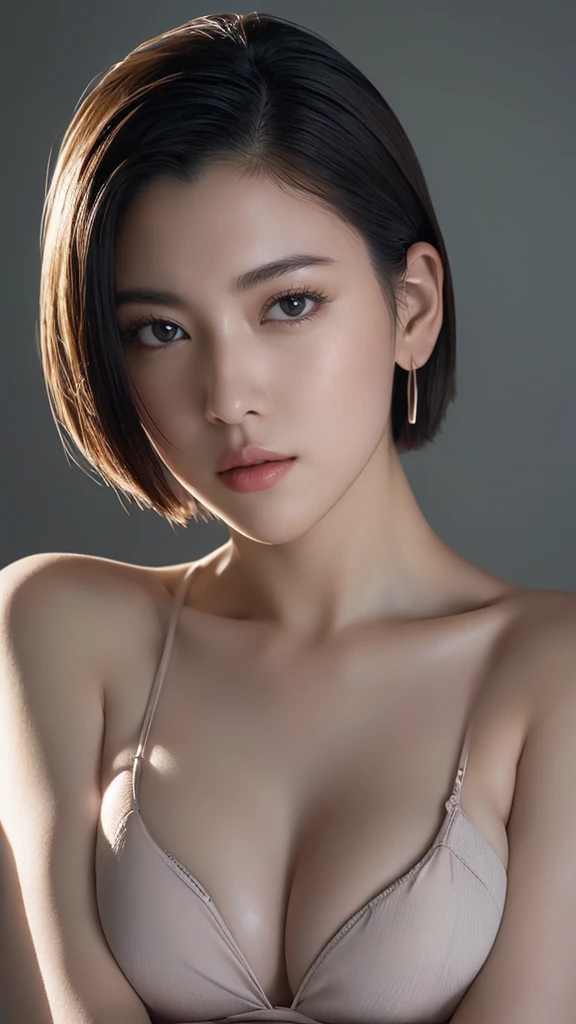 High resolution、masterpiece、Textured skin、high quality、超High resolution、Very detailed、woman、Short hair parted in the middle、Face close-up、Looking at the camera、Large Breasts、Perfect Style、Long legs、