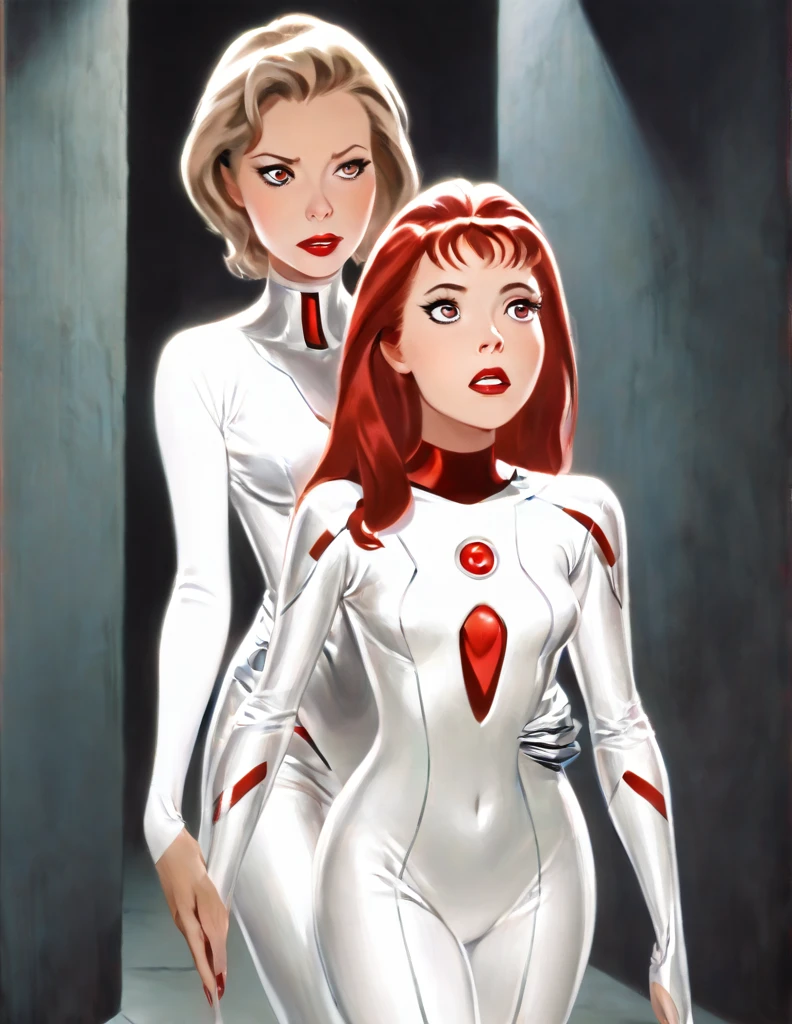 Pale Middle aged Woman wearing a red and silver sci-fi body suit. She has a calm expression. She is touching  a anorexic  woman’s shoulder who is kneeling. The anorexic  woman has an horrified expression on her face. A bright white orb of energy is coming from the anorexic woman’s chest. The anorexic woman is focused on the orb wiht a terrified expression.They are in a dark scifi hallway that is barely lit up. 