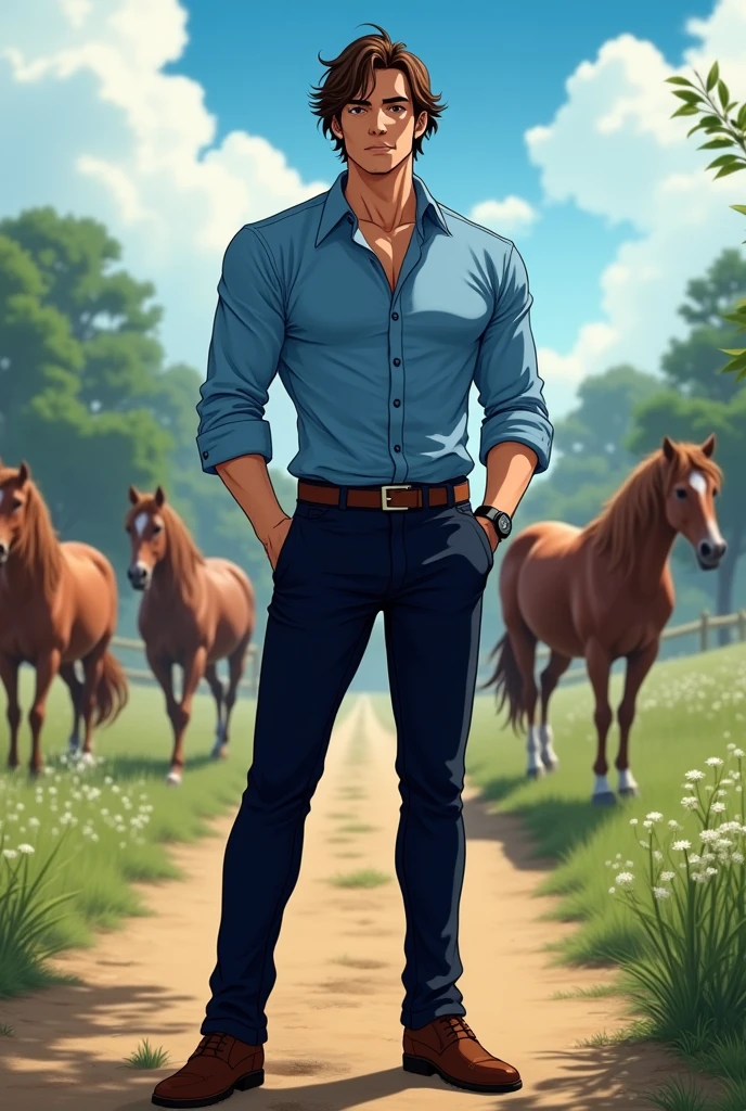 Realistic, detailed, Young pumped up man, cowboy, on farm, naked torso, chaps, 4 abs, lustful look, farm and animals in the background, detailed face, detailed hair, detailed hands, detailed legs, detailed eyes, detailed skin, dynamic lighting, detailed face, detailed hands, detailed legs, detailed fingers, detailed hair, detailed eyes, detailed skin, dynamic lighting, (photorealistic:1.4), 8k uhd, (hyper realistic), (photo realistic), (masterpiece), (best quality)