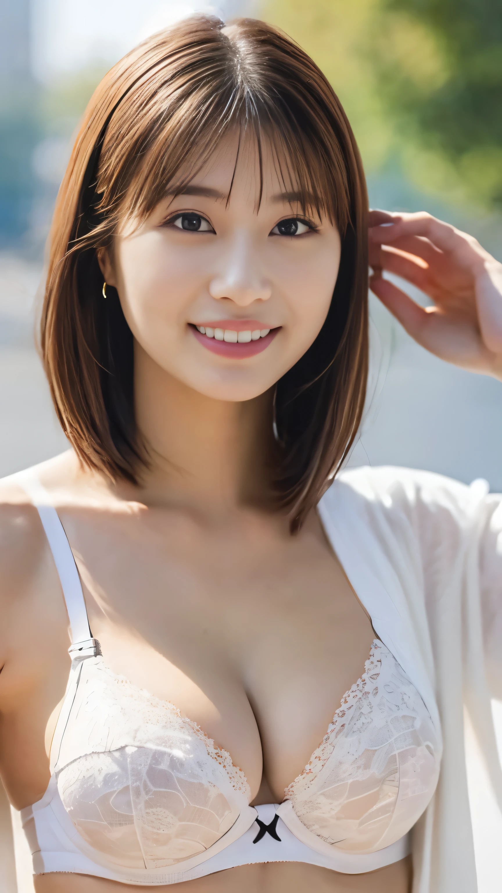 1 girl, (White lace bra、White panties、The clothes are see-through、Protruding nipples:1.1、Cleavage), Beautiful Japanese actresses, (RAW Photos, highest quality), (Realistic, Photorealistic:1.4), masterpiece, Very delicate and beautiful, Very detailed, wonderful, finely, very detailed CG Unity 8K 壁紙, Very detailed, High resolution, Soft Light, Beautiful detailed girl, Very detailed目と顔, Beautiful and detailed nose, Beautiful and detailed, looking at the camera、Perfect Anatomy, Slender body, smile、((Hands behind head))、front、shortcut hair, 