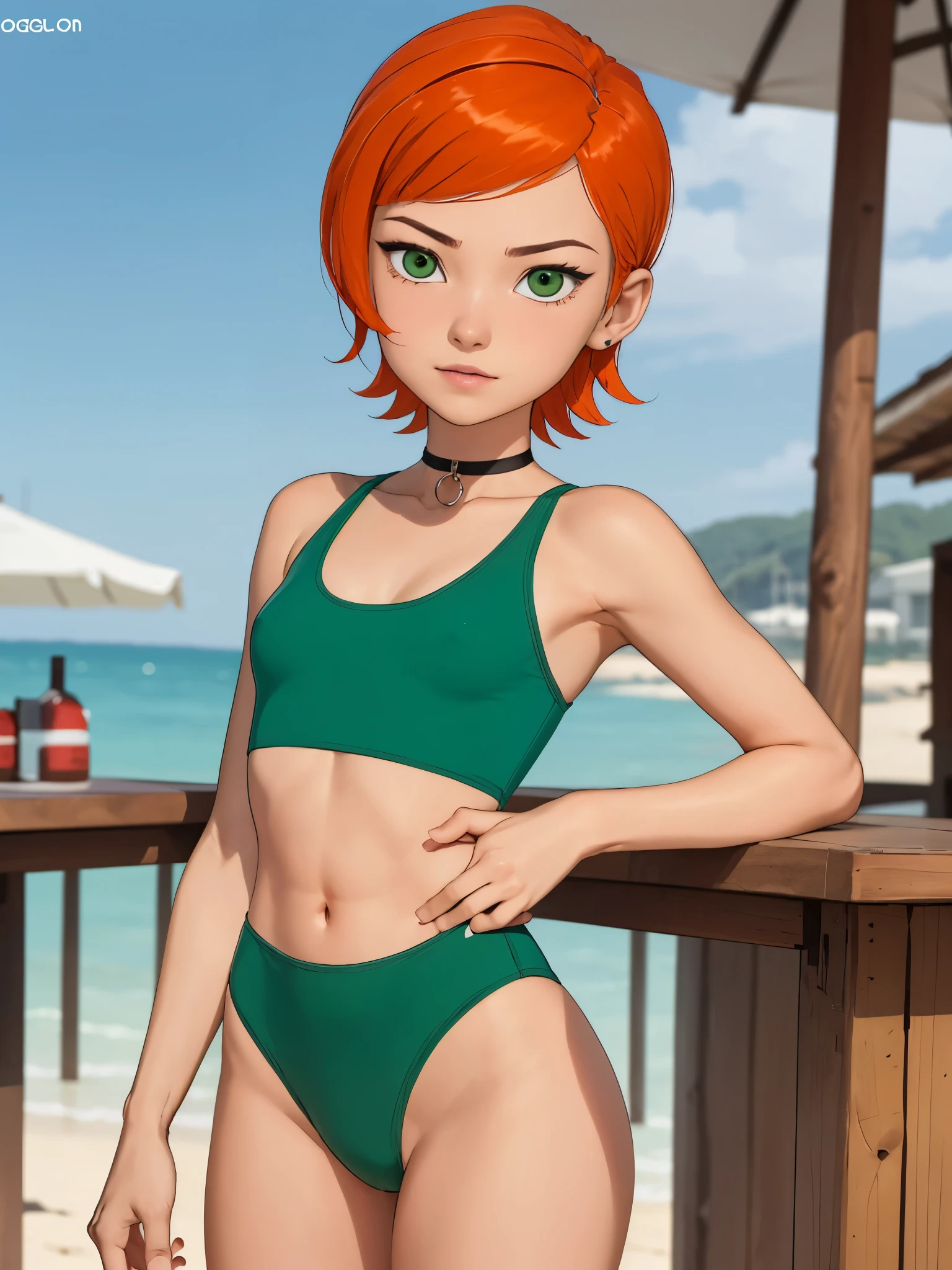 Gwen Tennyson. ginger. short hair. green eyes. small sagging breasts. big hips. slim body. choker. swimsuit. beach. bar