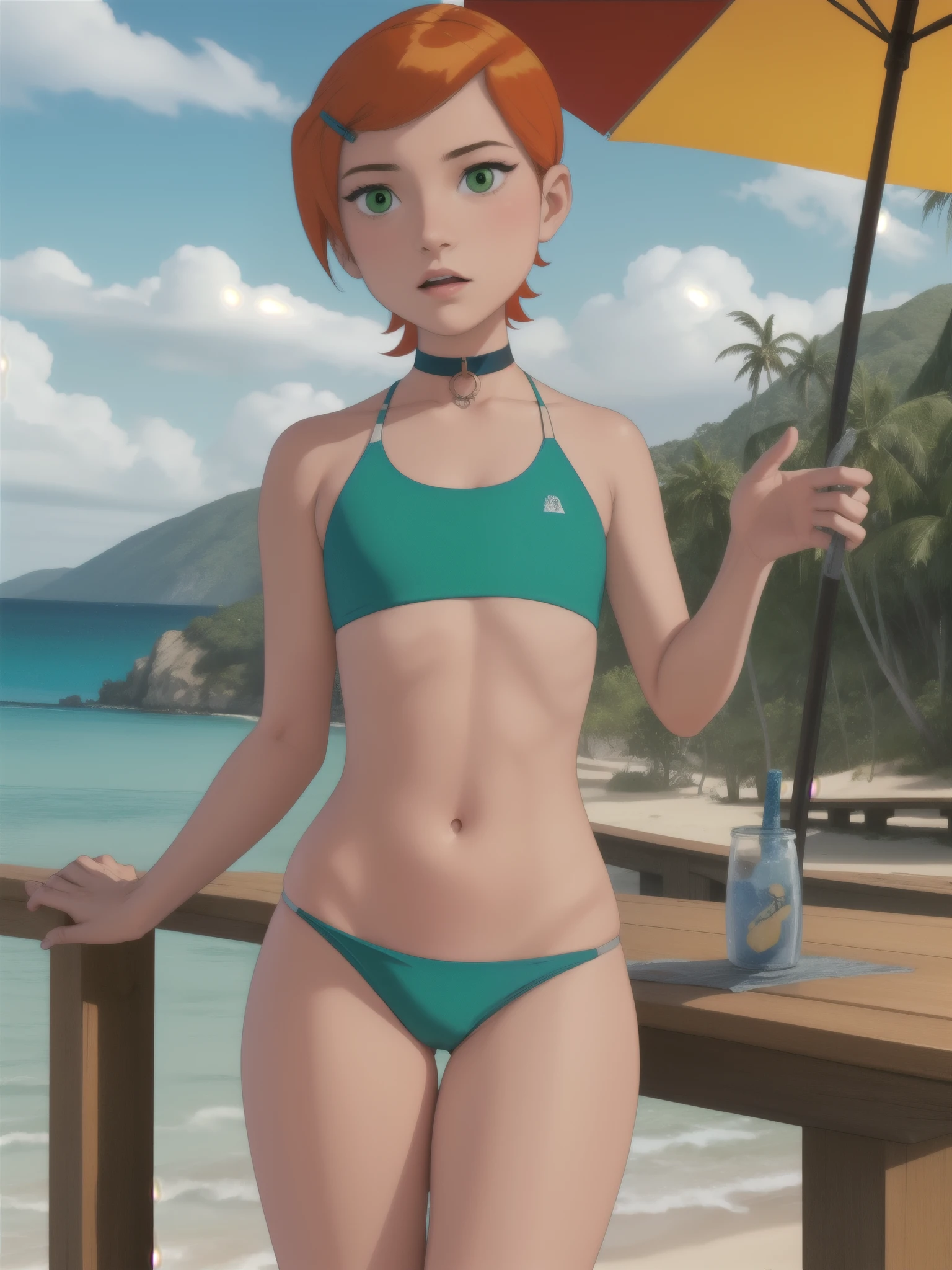 Gwen Tennyson. ginger. short hair. green eyes. small sagging breasts. big hips. slim body. choker. swimsuit. beach. bar