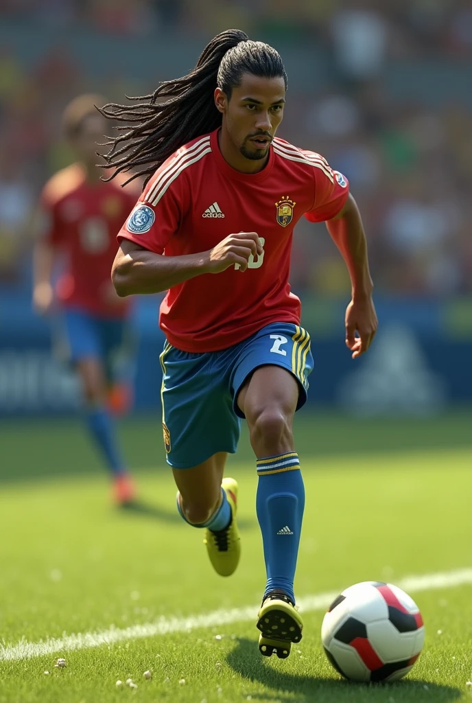 Ok I want you to create a soccer player called Yosvinho Hernandez who is Cuban and wears the number 10 in his national team, I want him to be dark-skinned and have dreadlocks. I want him to be in the air about to score a goal on the volley.