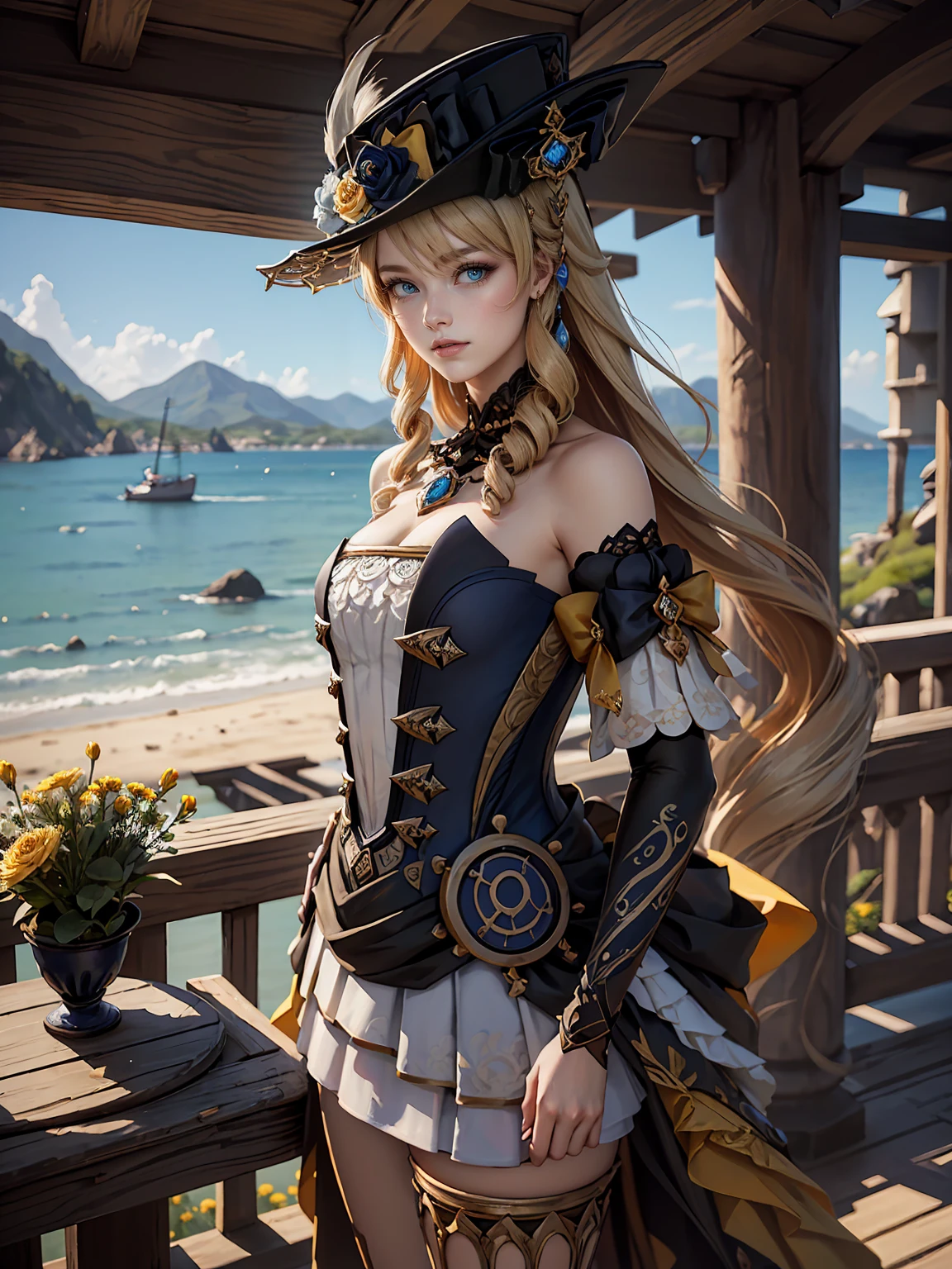 Medium shot, medium shot, depth of field, bust, upper body, cinematic angle, masterpiece, best quality, super detailed, CG, 8K wallpaper, pretty face, delicate eyes, a maiden, solo, white long hair, yellow eyes, hairpin, white shirt, black hooded jacket, black baseball cap, black stockings, black over-the-knee boots, sunset, medieval port, harbor, detailed water surface, sun reflection