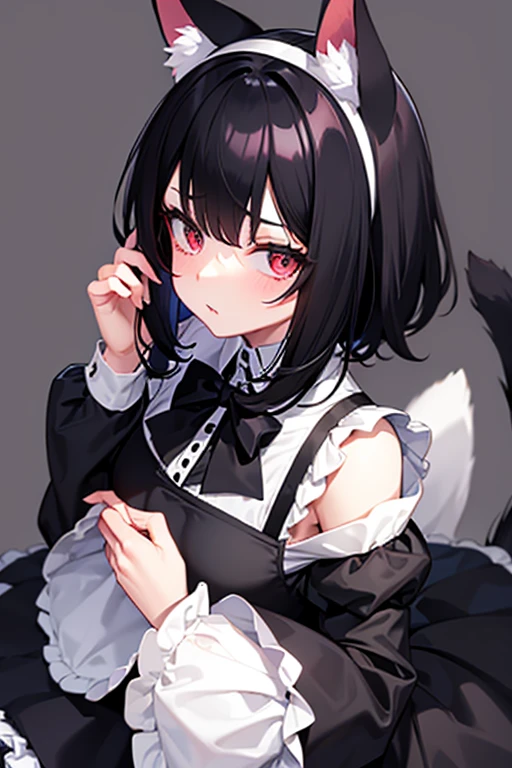 Young adult japanese girl, long black hair, hime cut hairstyle, nsfw, (((cute maid outfit))), maid head dress,(((blowjob))), fellatio, (((deepthroat))), (((((cum in mouth))))), orgasm, 1 white male in front of her, ((male ejaculate)), ahegao, looking at camera, (((((pov))))), wide camera angle, cat ears, ((breast cleavage))