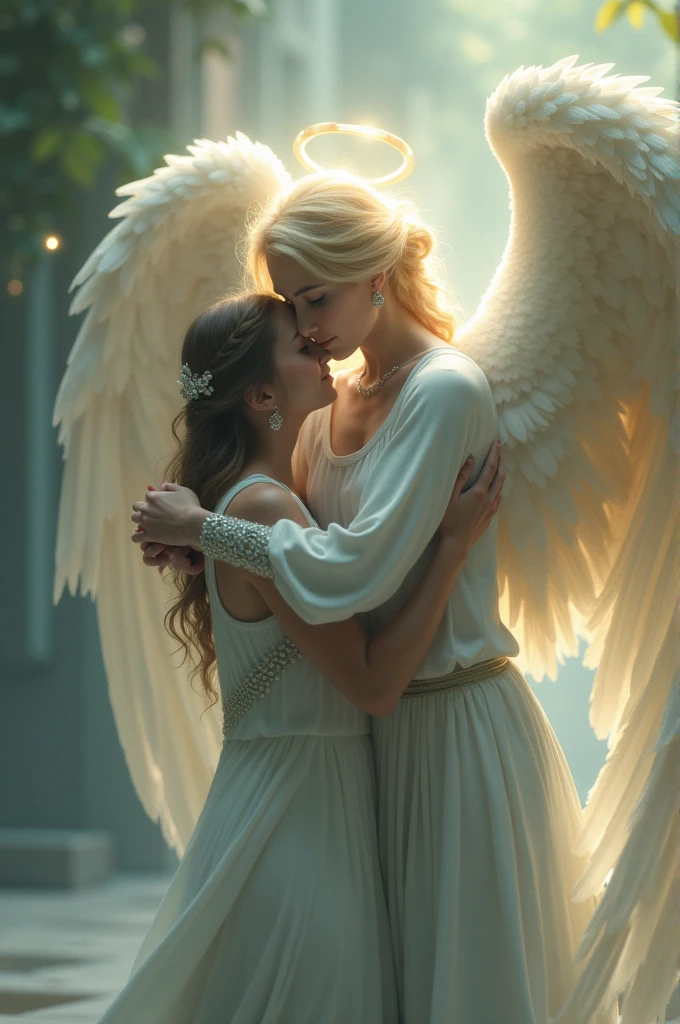 A photo of two best friends (girls). One is dead and is an angel, other one is looked after by her. Angel friend has wings while other friend is still a human being.
