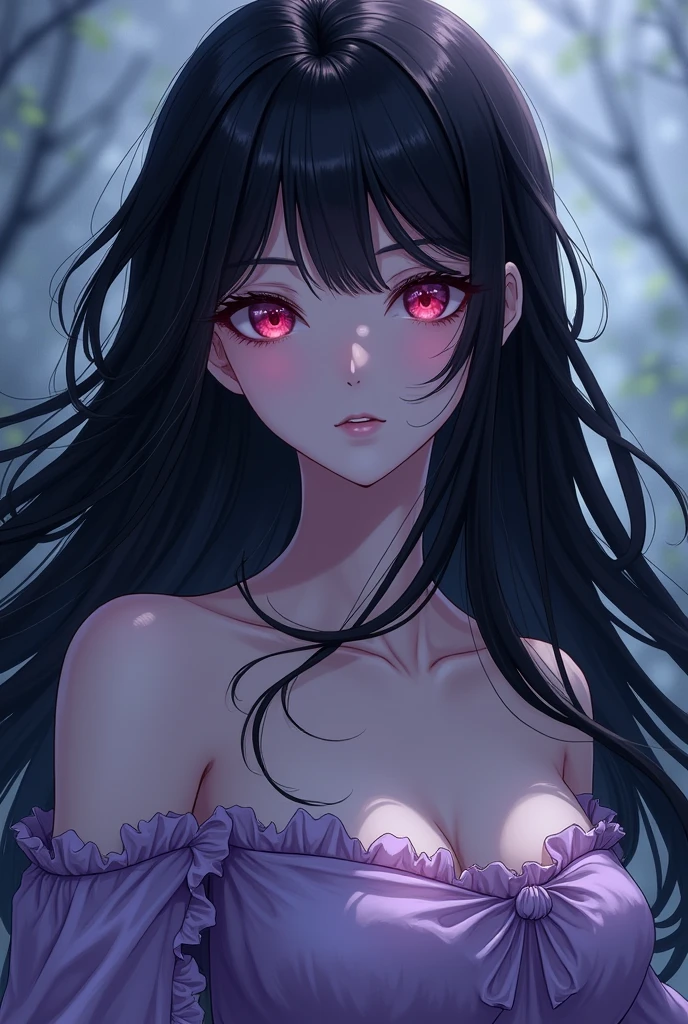 closeup, goth girl, gothic,1woman,dark forest,red eyes,dark ambient,low saturation,anime style,pale skin,long flowing hair,(naked),topless,silhouette,surreal background,mysterious atmosphere,intense emotions,melancholic expression,lens flare,dramatic shadows,symbolic elements,heavy makeup,pale and dark colors,misty fog,ethereal beauty,subtle texture, dark makeup, wicked smile