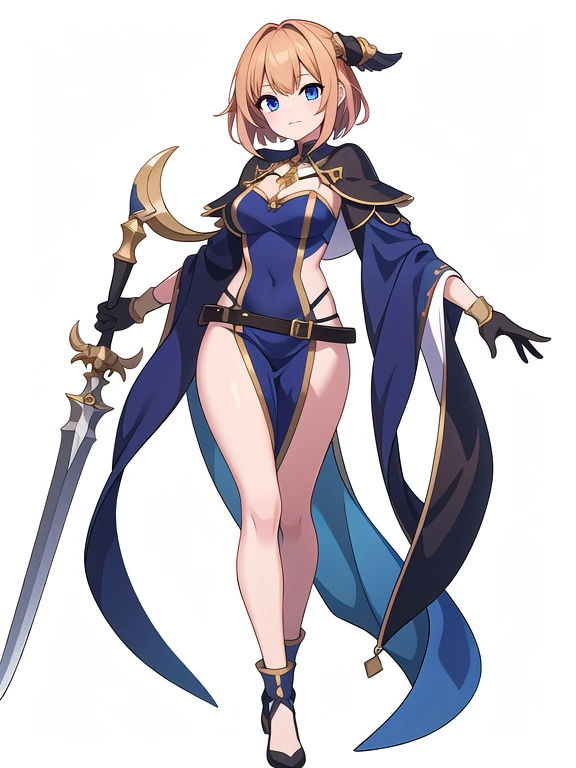 (stand posture), cute eyes, adult woman,, solo, high fantasy outfits, ((white background)), (full body), holding weapon,