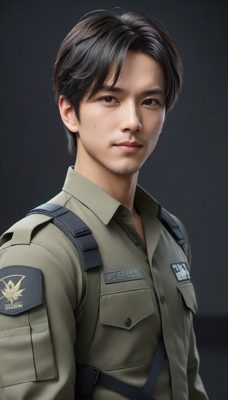 tanned handsome young man in his 20's, Leon Kennedy,