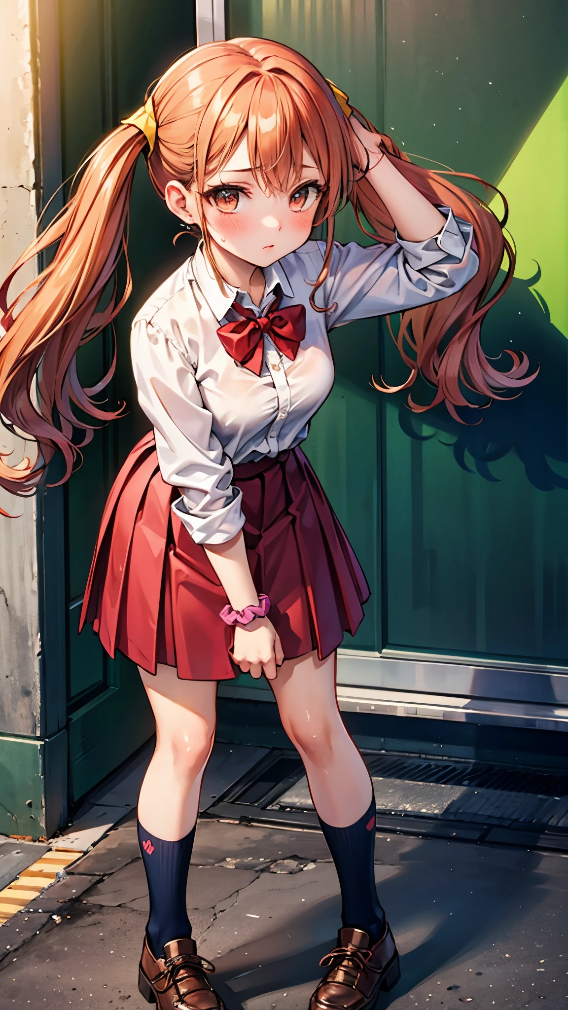 （（super high quality,））（（Ultra-high resolution,））（16k,）（super masterpiece,）（（Ultra HD ,））（Detailed shading,）One high school girl,Twin tails,White dress shirt,Red bow tie,Folded sleeves,A pink scrunchie on one arm,One hand on her skirt and one on her head,Red Skirt,Navy blue socks,Embarrassing,blush,Leaning forward greatly,Park in the morning sun,The wind lifts her hair and skirt,