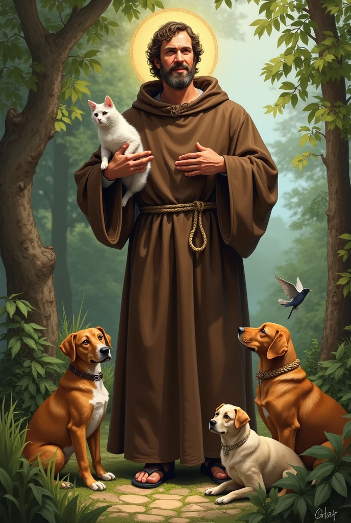 An extremely detailed image of Saint Francis of Assisi, depicted as a friar. He is wearing the traditional brown robe of a friar with a rope belt, symbolizing his vow of poverty. He has a serene and compassionate expression on his face. Surrounding him are various animals, including dogs, cats, and birds, showing his deep connection with nature. The animals are interacting harmoniously with him, conveying a sense of peace and spiritual unity. The background is a tranquil natural setting, with lush greenery and a soft, ethereal light.