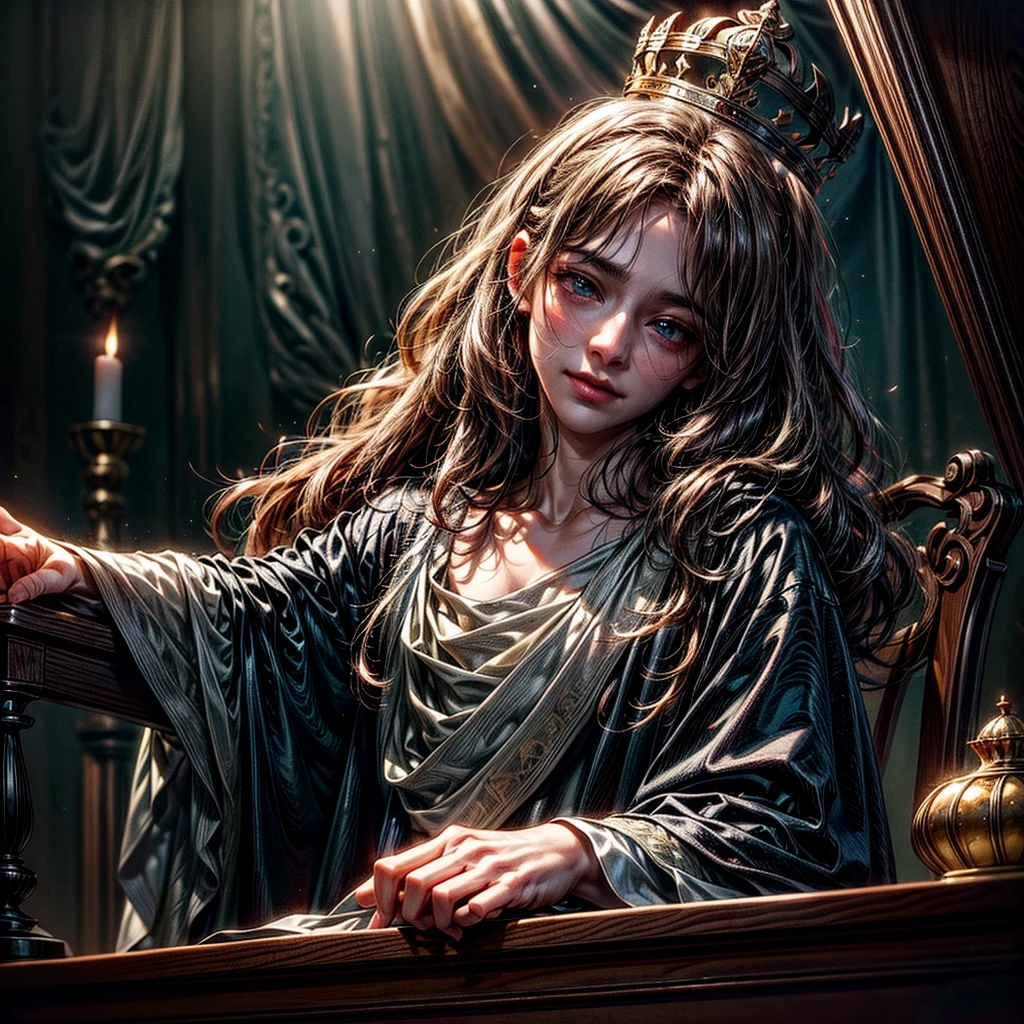 A young beautiful prince wearing a crown sitting in his renaissance desk and potions all around, High resolution, masterpiece, necessary, Anatomically correct, Awarded many times, The best quality, Damaged, HD model, High details, quality, high quality, Retina, very detailed, UHD, textured leather, 1boy, {{young male}}, {{half-body}, beautiful face, perfect face, dark brown curly hair, short hair, blush, sad smile, thoughtful, Dutch map, Realism 1.5, 2.5 days, gothic art, digital art, Animated style, Excited, Rays of God, Ray tracing, chiaroscuro, {{crown}}, {{glass magic potions in aleatory clorors}}