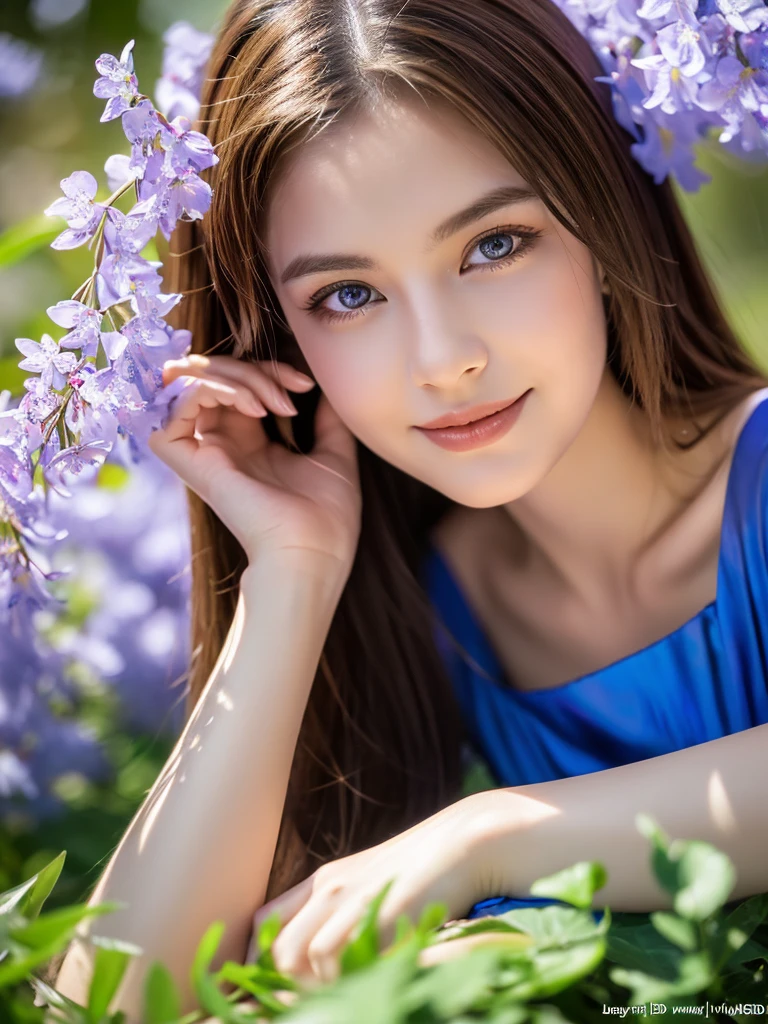 A serene 23-year-old woman with brown hair and brown eyes, sitting or lying in a colorful flower meadow, stretching her arms to the sides and enjoying the moment. She is wearing a romantic pastel-colored summer dress with flowers in her hair. The background is a vibrant flower meadow or botanical garden. Photorealistic, high resolution, with bright, natural outdoor lighting. best quality, intricate details, highly detailed, sharp focus, detailed skin, Realistic skin texture, texture, detailed eyes, professional, shot on Canon, 85mm, shallow depth of field, Kodak Vision Colors, perfectly shaped body, extremely detailed, photo_\(ultra\), photoRealistic, Realistic, Post-processing, maximum detail, roughness, Real life, ultra Realistic, photorealism, photography, 8k hd, photography