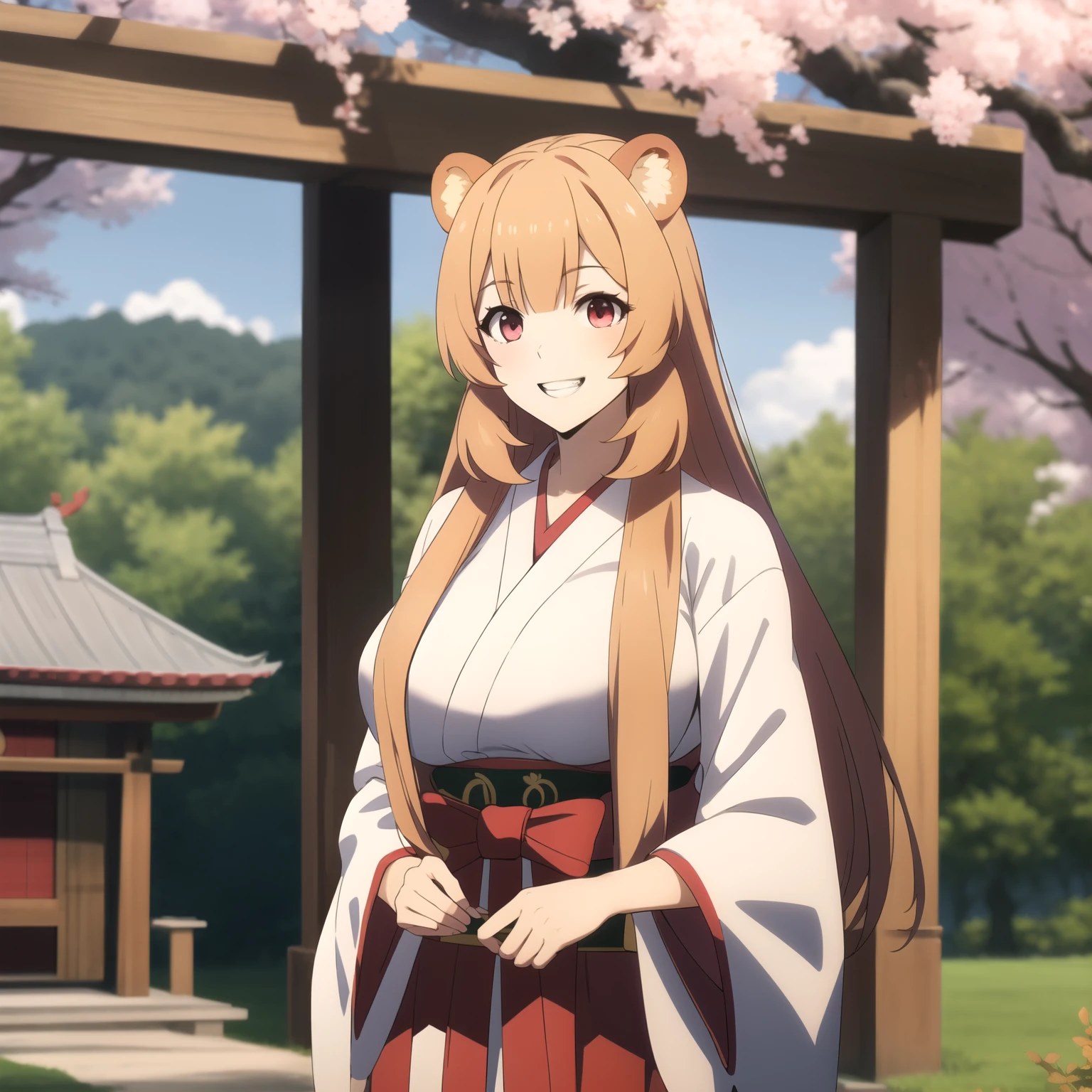 raphtalia. , bear ears, red eyes, big breasts,, BLONDE HAIR WITH RED TIPS, smile showing teeth,  dressed as a shrine maiden. [large bosom, cherry tree background.