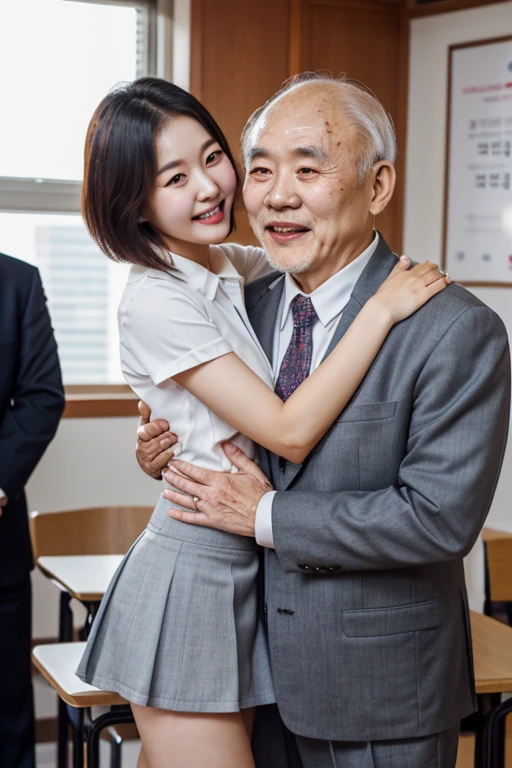 (((1 korean young girl and 1 old korean man cheek to cheek))), {1 korean girl、girl wearing high school Student uniform and tight grey mini skirt, Bright and very beautiful face、strikingly beautiful, eyes hook the soul seduces you, shiny white shiny skin、Best Looks、black hair, ((very short hair)), Very beautiful 17 year old、Big eyes that shine crystal clear light blue、Beautiful cute beautiful girl, in the class room, standing, ((awe and joy expression)), (lift up skirt and show white panty) }, (full body), (((70 years old korean man wearing a business suit))), (((70 years old korean man hugging on korean young girl's waist))), (focus on 70 years old korean man),