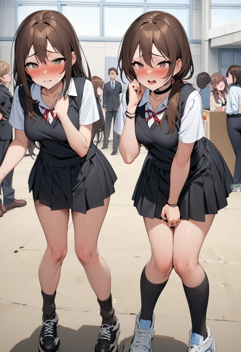 (8K, ultra-detailed, best quality, anatomically perfect body), (full body), (small breast:1.3), shiny skin, (Various girls), girls from 15 to 25 years old, bladder full tank, (have to pee:1.1), (urge to pee:1.4), (only one person peeing self:1.1), Pee flowing in the thighs, (very desperate to pee:1.2), (takes to public restroom), (waiting for public restroom with line of girls in queue), standing, (Each one has a different maxi Gothic Lolita dress:1.4), (Each one has a different footwear:1.1), (Each one has a different hair), (knees together and feet apart:1.3), (Rub each other's thighs:1.3), (leaning forward:1.2), one hand between legs, (skirt lift:1.2), (holding the crotch:1.4), (stroking own abdomen:0.9), (stroking one's own thighs:1.1), (blush:1.4), (embarrassment1.6), (impatience:1.3), (flustered:1.3), (fidgeting around), (flowing sweat), (erotic body twist:1.5), (panting:1.4), (breathless:1.3), (closed eye), (parted lips:0.8), (orgasm:1.3), (refreshing:1.3), (looking away), (crisis:1.4), (from side:0.8), (from below),