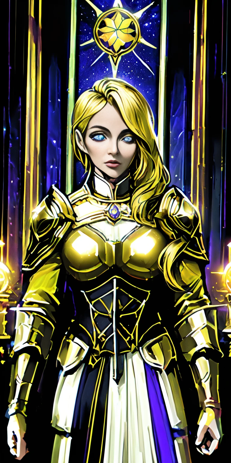 Dawnbreaker (Dota), glowing hair, yellow eyes, glowing eyes, colored skin, grey skin, 1girl, armor, blonde hair, glowing hair, long hair, fantasy goddess, glowing angelic being, curvy body, huge breasts, long robe, long dress, holy, breastplate, muscular, perfect anatomy, better hands, cowboy shot, anime style