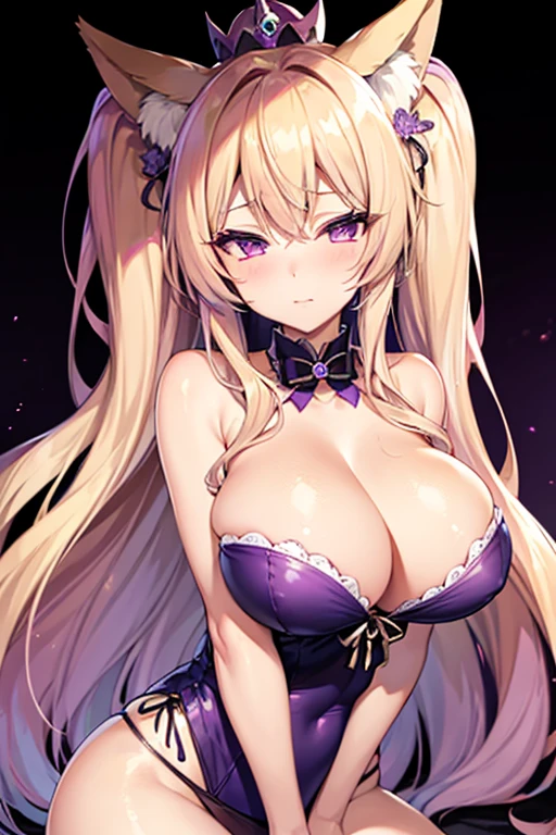 Waifu milf, blonde hair with violet eyes, high resolution, fox ears, with a x hair clip, with neon purple locks of hair and a flower blancas crown, con cola de zorro (kendomurft) Senos grandes, 